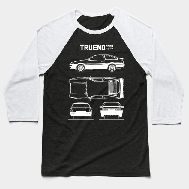 AE86 Toyota Trueno Blueprint Baseball T-Shirt by Industree Designs